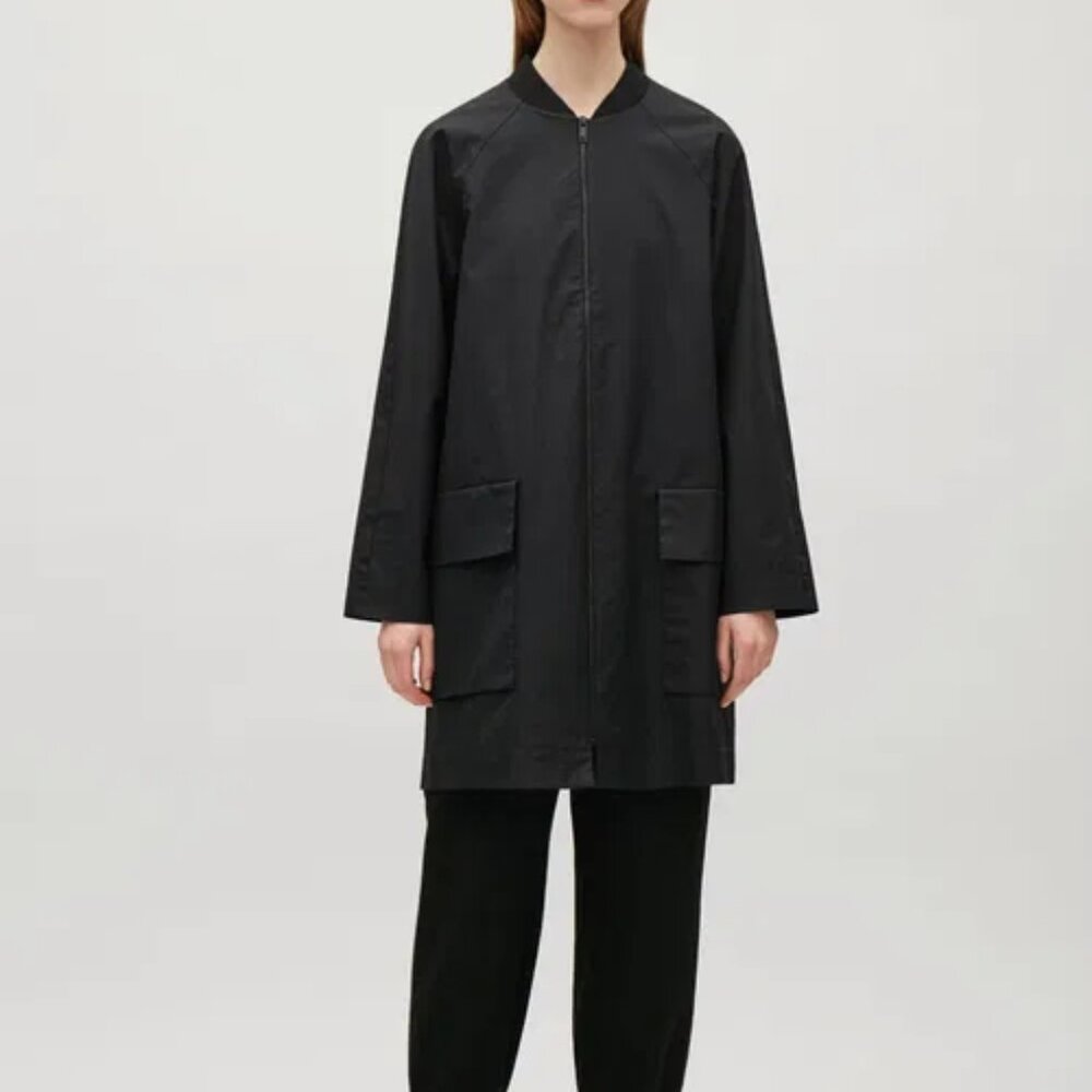 COS Black Long Bomber Style Coat with Ribbed Neckline - Size Large